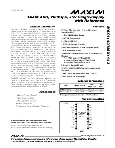 Maxim MAX1142/MAX1143 14‑Bit ADC Datasheet - cover page