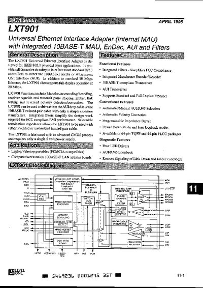 LXT901 Universal Ethernet Interface Adapter Datasheet - cover page