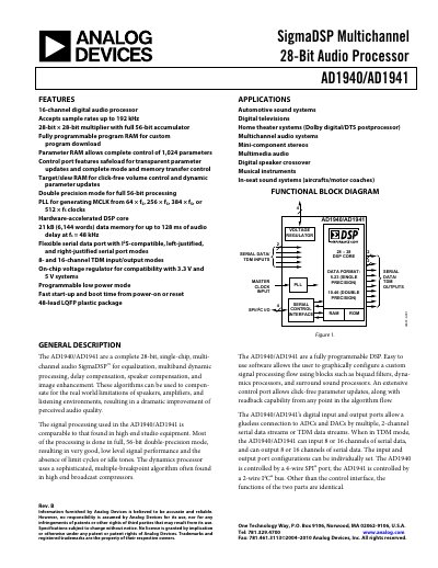 Analog Devices AD1940/AD1941 Datasheet Rev B - cover page