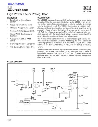 Unitrode UC1853/UC2853/UC3853 High Power Factor Preregulator Datasheet - cover page