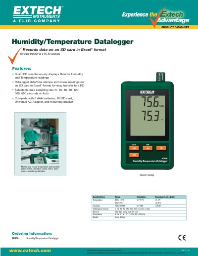 Extech SD500 Humidity/Temperature Datalogger Product Leaflet - cover page