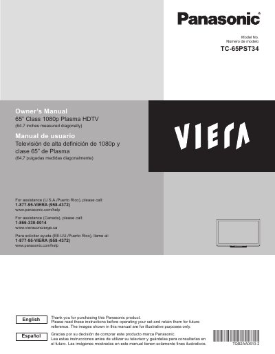Panasonic TC-65PST34 Plasma HDTV User Manual - cover page