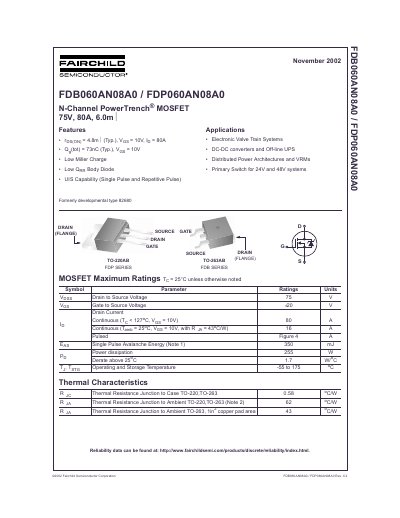 FAIRCHILD FDB060AN08A0 FDP060AN08A0 Manual - cover page