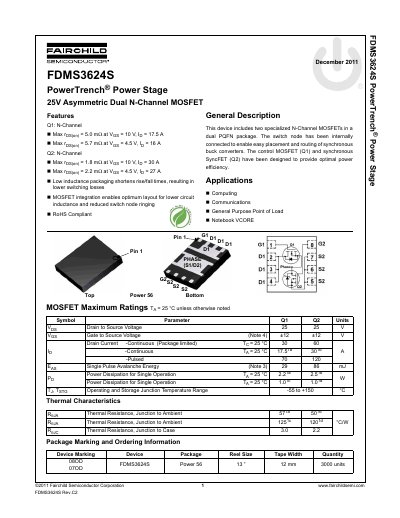 Fairchild Semiconductor FDMS3624S PowerTrench Power Stage Datasheet - cover page