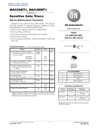 ON Semiconductor MAC08BT1/MAC08MT1 Sensitive Gate Triac Datasheet - cover page