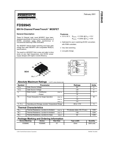 Fairchild FDS9945 60V N-Channel PowerTrench MOSFET Datasheet - cover page