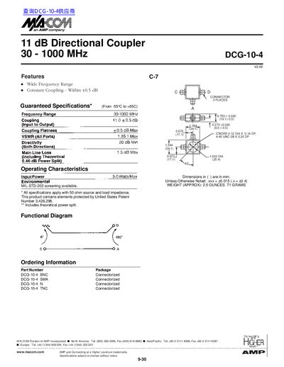 MACOM 11 dB Directional Coupler 30 - 1000 MHz DCG-10-4 handbook - cover page