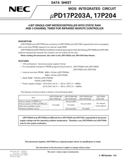 NEC PD17P203A 17P204 4-BIT SINGLE-CHIP MICROCONTROLLER WITH STATIC RAM AND 3-CHANNEL TIMER FOR INFRARED REMOTE CONTROLLER - cover page