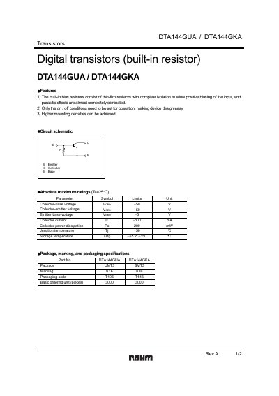ROHM DTA144GUA / DTA144GKA Digital Transistor Datasheet - cover page