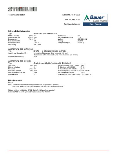 Danfoss Bauer BG40-47/DHE09XA4C/C3 technology data - cover page