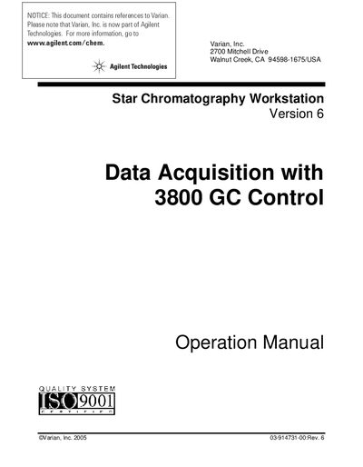 Agilent 3800 GC Data Acquisition with Control Operation Manual - cover page