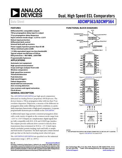 Analog Devices ADCMP563/ADCMP564 High Speed ECL Comparators Data Sheet