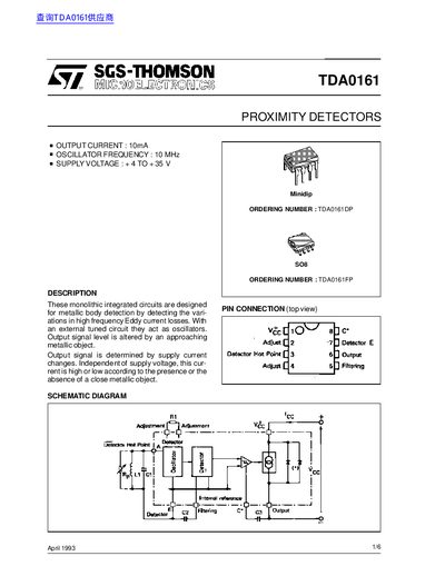 SGS-THOMSON TDA0161 Proximity Detector Datasheet - cover page