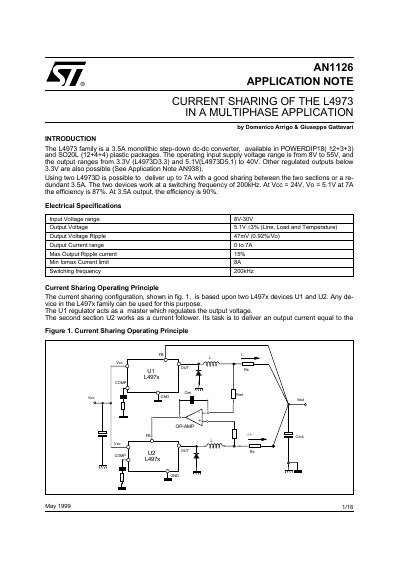 STMicroelectronics AN1126 Current Sharing Application Note for L4973 - cover page