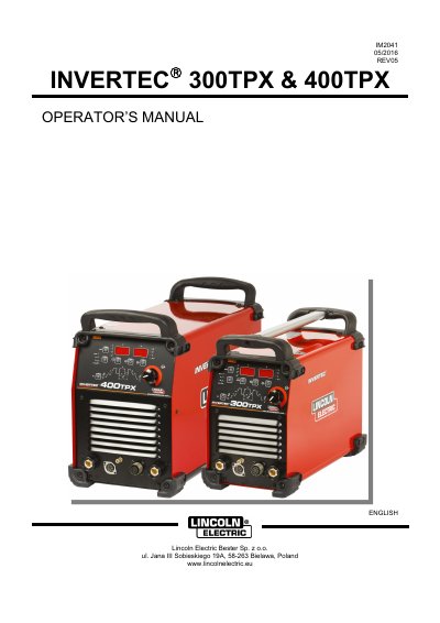 Lincoln Electric INVERTEC 300TPX & 400TPX Welding Machine Operator's Manual - cover page