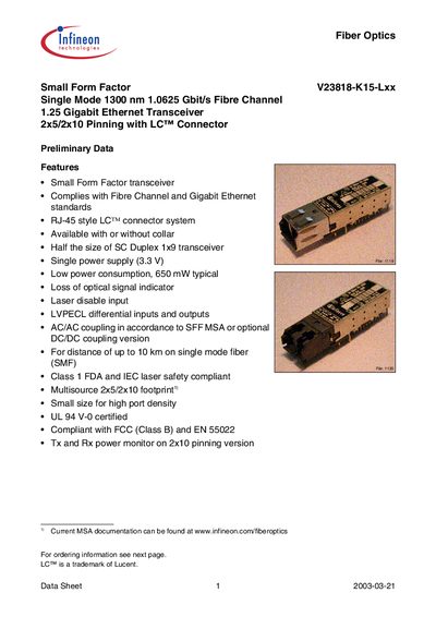 Infineon V23818-K15-Lxx Single Mode Fibre Channel Transceiver Datasheet - cover page