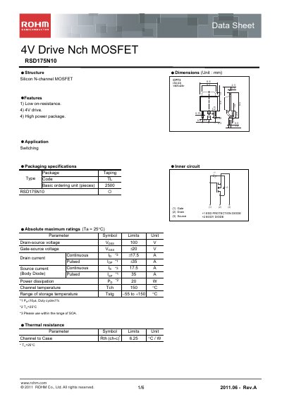 ROHM RSD175N10 MOSFET Datasheet - cover page