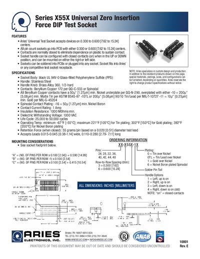 Aries X55X Universal Zero Insertion Force DIP Test Socket Datasheet - cover page