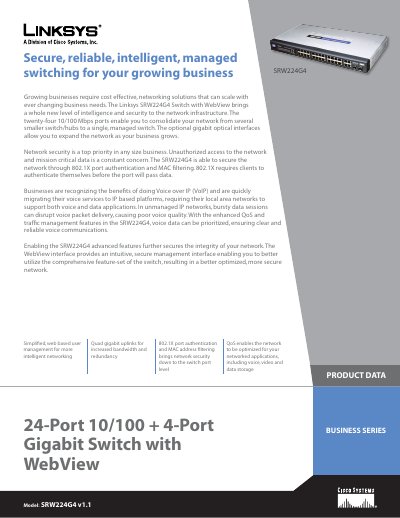 Linksys SRW224G4 24-Port 10/100 + 4-Port Gigabit Switch User Manual - cover page