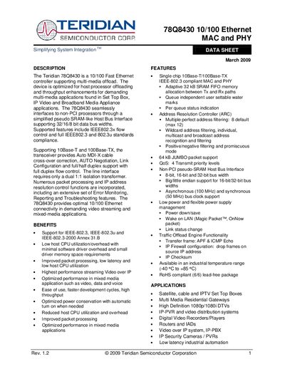 Teridian 78Q8430 10/100 Ethernet MAC/PHY Datasheet - cover page