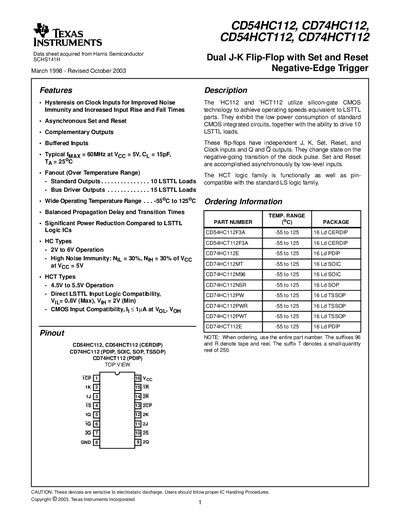 TEXAS INSTRUMENTS CD54HC112 CD74HC112 CD54HCT112 CD74HCT112 Dual J-K Flip-Flop with Set Reset Negative-Edge Trigger handbook - cover page