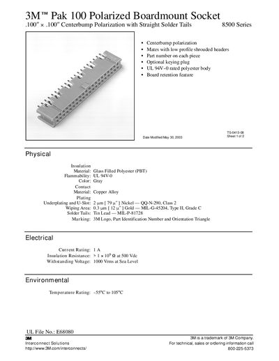 3M Pak 100 8500 Series Polarized Boardmount Socket Datasheet - cover page