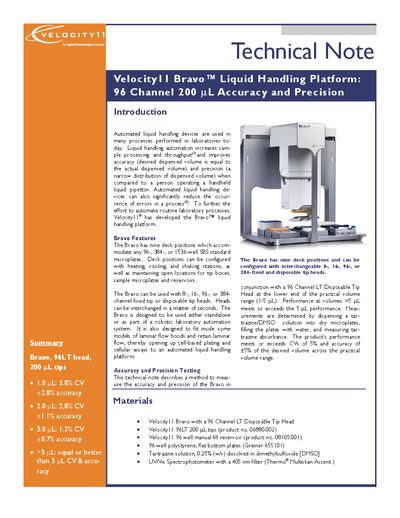 Velocity11 Bravo Liquid Handling Platform - 96 Channel 200 L accuracy Precision Manual - cover page