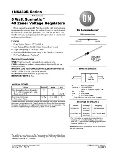 ON Semiconductor 1N5333B Series Zener Voltage Regulator Datasheet - cover page
