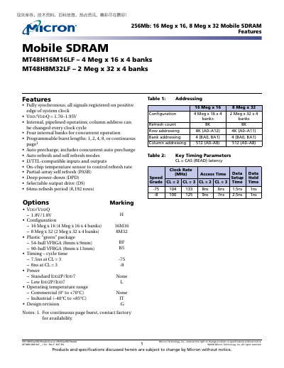 MICRON SYNCHRONOUS DRAM 256Mb 16 Meg x16 8 Meg x 32 Mobile SDRAM Features - cover page