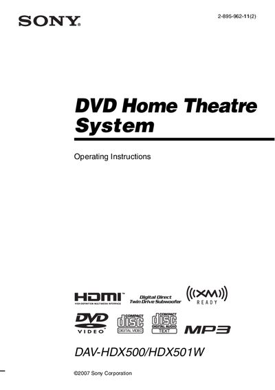 SONY DAV-HDX500/HD501W DVD Home Theatre System Manual - cover page