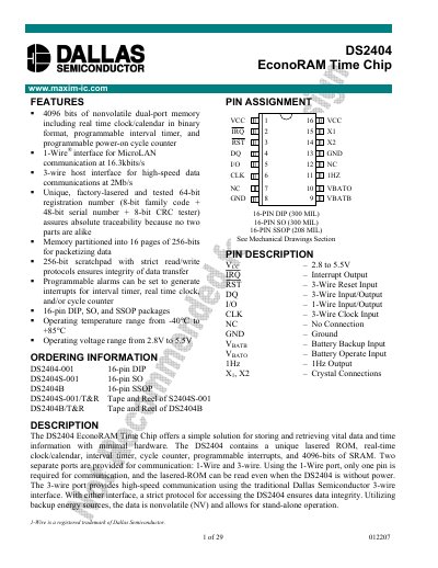 Dallas Semiconductor DS2404 EconoRAM Time Chip Manual - cover page