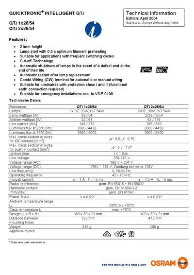 OSRAM QTi 1x28/54 & 2x28/54 Datasheet Handbook - cover page