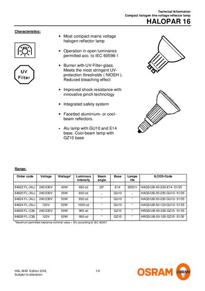OSRAM HALOPAR 16 Compact Halogen Reflector Lamp Technical Information - cover page