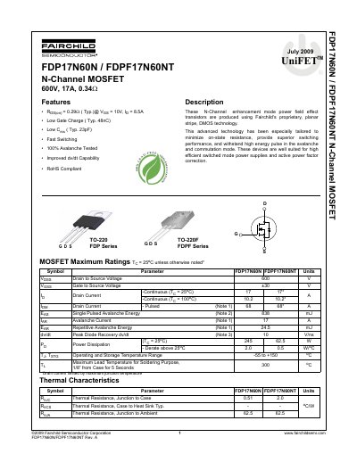 Fairchild FDP17N60N/FDPF17N60NT N-Channel MOSFET Datasheet - cover page