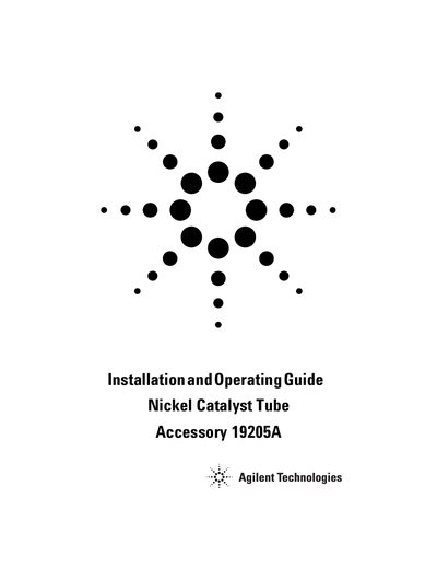 Agilent 19205A Nickel Catalyst Tube Installation and Operating Guide - cover page