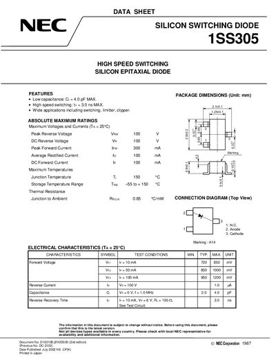 NEC 1SS305 Silicon Switching Diode Datasheet - cover page