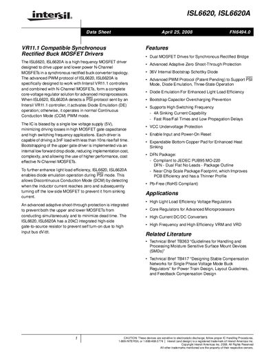 Intersil ISL6620/ISL6620A Datasheet - cover page