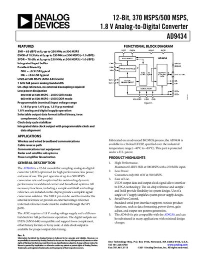 Analog Devices AD9434 12‑Bit ADC Datasheet - cover page