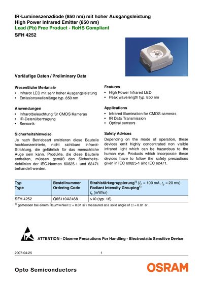 OSRAM SYLVANIA - SFH 4252 IR-Lumineszenzdiode (850 nm) mit hoher Ausgangsleistung High Power Infrared Emitter (850 nm) Lead (Pb) Free Product - RoHS Compliant - cover page