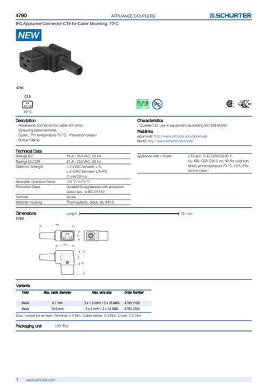 Schurter C19 IEC Appliance Connector for Cable Mounting 70°C Product Leaflet - cover page