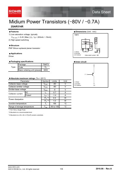ROHM 2SAR514R Power Transistor Datasheet - cover page