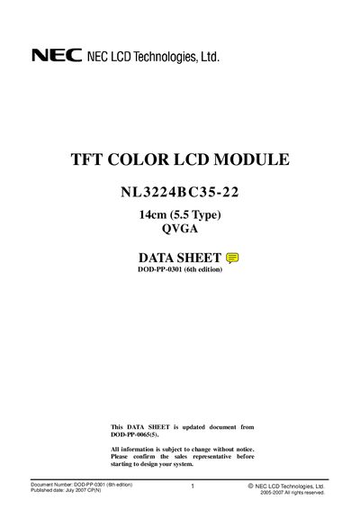 NEC NL3224BC35-22 LCD Module Datasheet - cover page