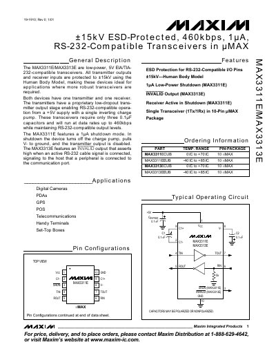 Maxim MAX3311E/MAX3313E RS-232-Compatible Transceivers Datasheet - cover page