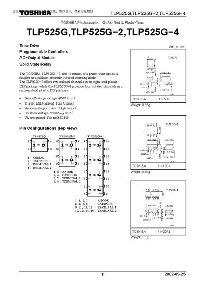 Toshiba TLP525G Series Photocoupler Datasheet