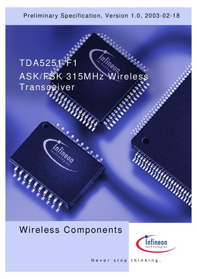 Infineon TDA5251 F1 ASK/FSK 315MHz Wireless Transceiver Datasheet - cover page