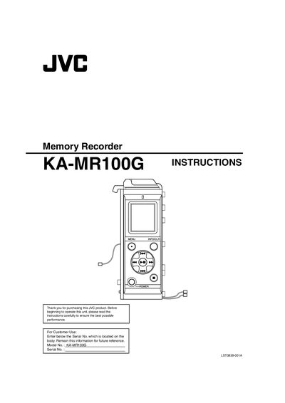 JVC KA-MR100G Memory Recorder User Manual - cover page