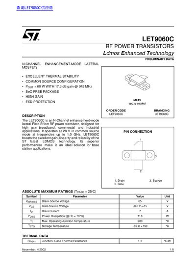 STMicroelectronics LET9060C RF Power Transistor Preliminary Data Sheet - cover page