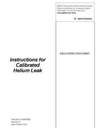 Agilent Technologies 979 Detector NW25 Calibrated Leak: Instructions