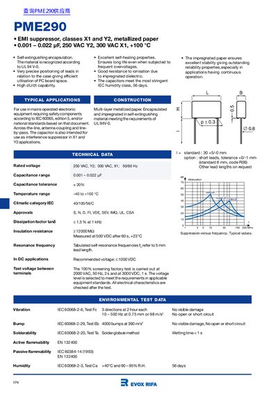 R EVOX RIFA PME290 EMI suppressor classes X1 Y2 metallized paper 0.001 0.022 F 250 VAC Y2 300 VAC X1 +100 &deg;C - cover page