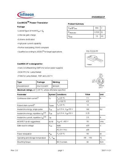 Infineon IPA50R520CP CoolMOS Power Transistor Datasheet - cover page
